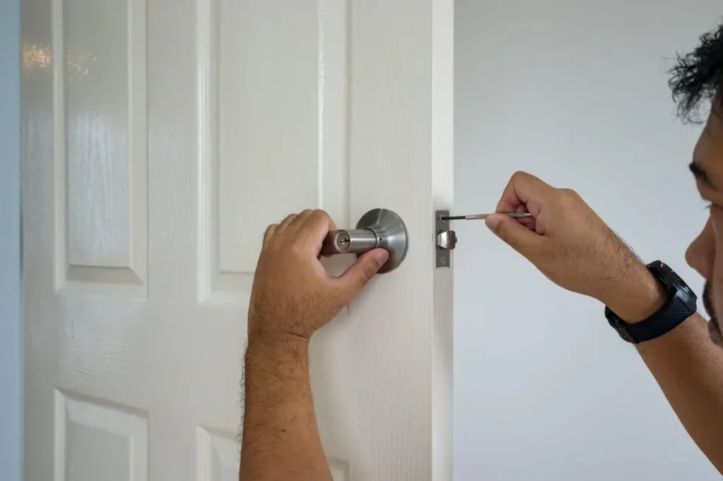 Locksmith installing and repairing a door lock with screwdriver