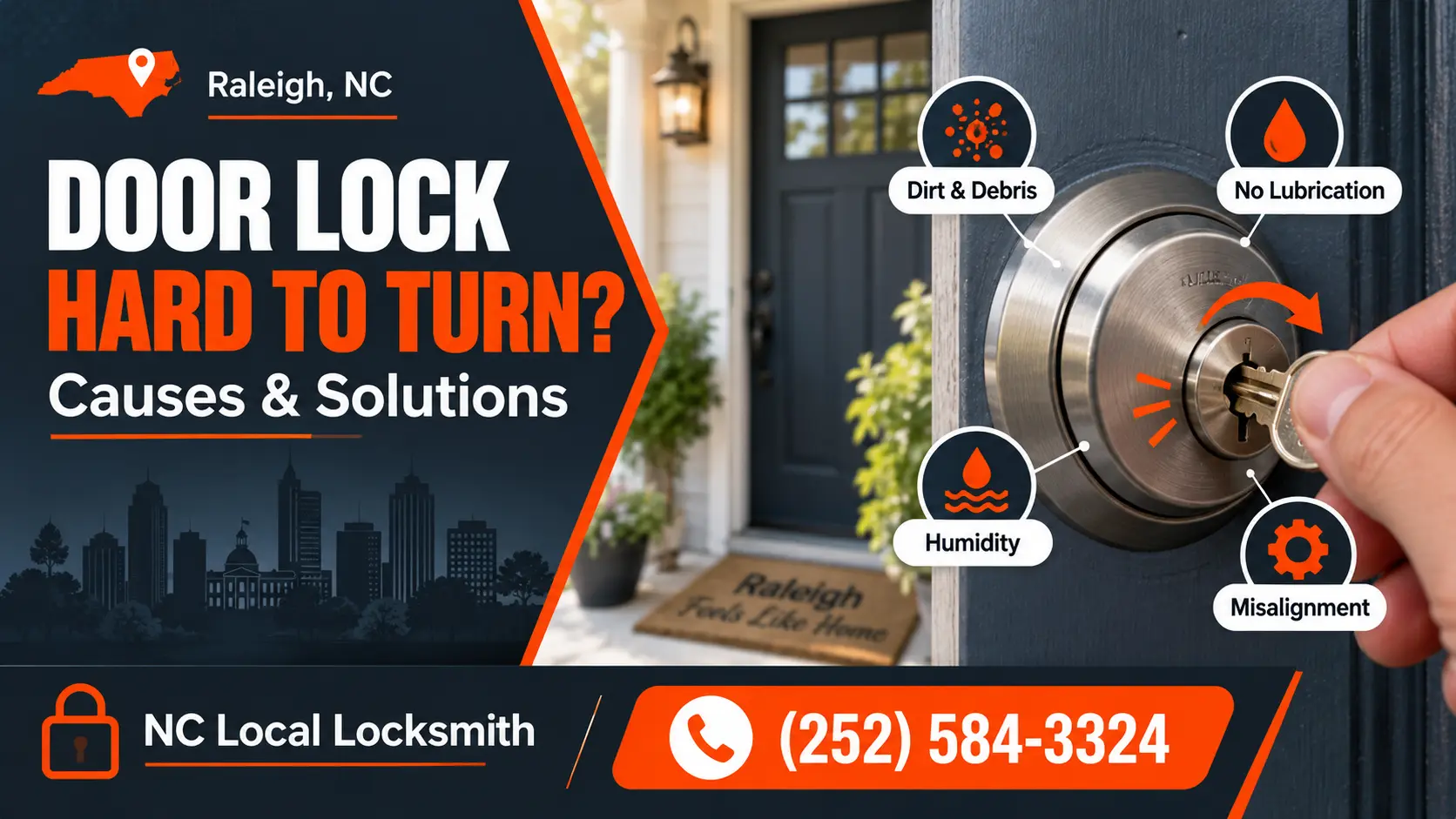 door lock hard to turn Raleigh NC